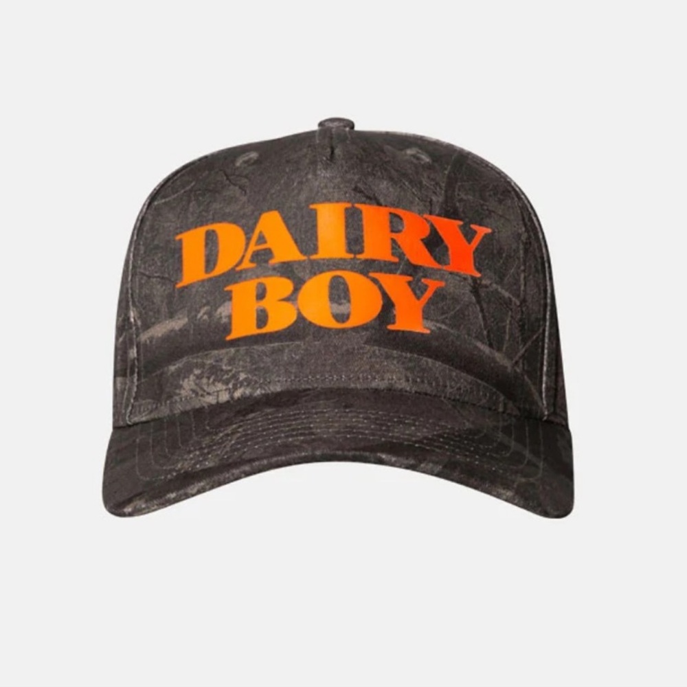 Dairy Boy Camo SnapBack Baseball Hat Orange Lettering OSFM